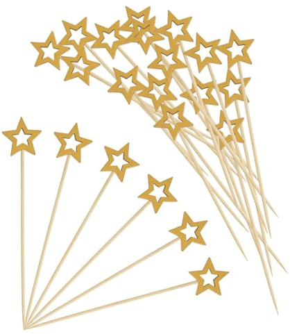100 Hohle Fünfzackige Sternfruchtgabel, Cocktailspieße, Spieße Fingerfood, Cupcake Topper, Sternkarte, Bambusstab zum Backen, Sternkarte Deko für Geburtstag, Weihnachten, Hochzeit