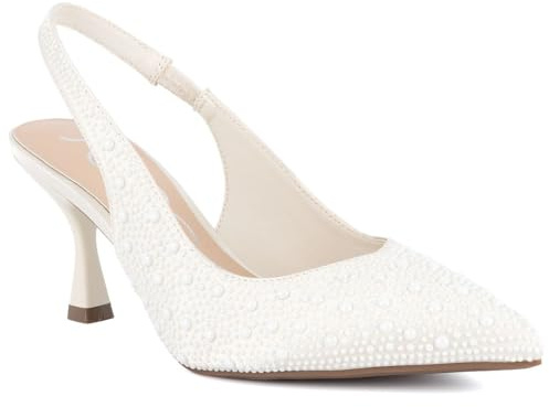 Sugar Women’s Slingback Kitten Heels – Pointed Toe Dress Shoes with Pearl or Bow Detail, Low Heels for Parties, Weddings, or Evening Wear, Ivory, 6 UK