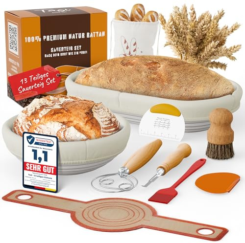 Gärkörbchen Sauerteig Set 13-tlg Rattan Banneton rund oval Gärkorb Brot | Brotkorb zum Backen: Brotbackkorb & Gärkorb für Sauerteigbrot, 23+25 cm Peddigrohr, Leineneinsatz & Schaber, Proofing Basket