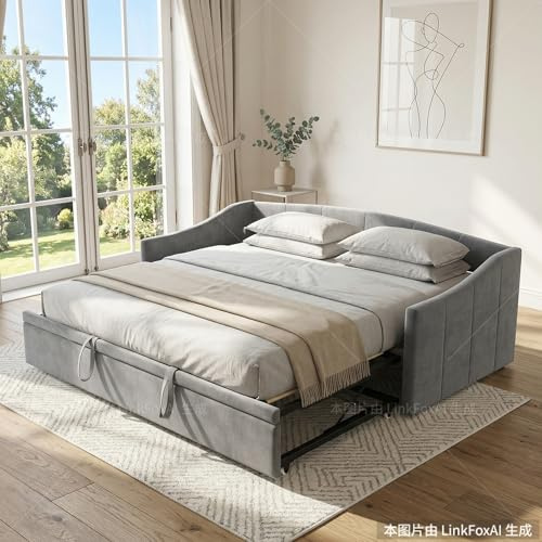 ZSSWSS Bäddsoffa 90/180 x 200, vadderad säng med ribbotten, armstöd och ryggstöd, vikbar, multifunktionell, i hudvänlig sammet, madrass ingår ej, grå