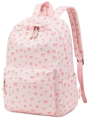 BTOOP School Backpack for Girls Teens Large Corduroy Bookbag Lightweight Casual High School College 17 inch Laptop Travel Bag (Pink Bow Floral-1)