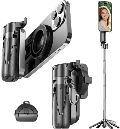 Mini Magnetic Selfie Stick, 4-in-1 Magsafe Foldable Phone Stand Holder, with Wireless Remote & Removable Phone Clip&Hand Grip Mode,18.7 Extendable iPhone Tripod for Vlogging&Live Streaming