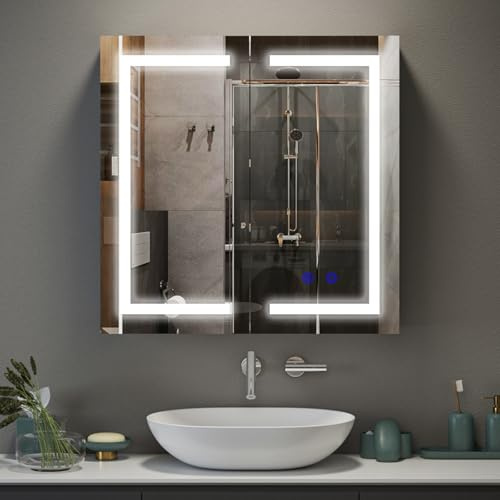 Luxstein Spiegelschrank Badezimmer mit LED Beleuchtung, 3 Lichtfarben 6000K, Anti-Beschlag, Wandmontage, mit Steckdose & Ablage, platzsparend Badezimmerschrank (60×60 Doppeltür)