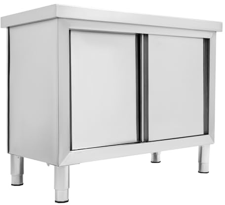 Outdoor Küche Edelstahl Arbeitstisch Küchenschrank mit Schiebetüren, Edelstahltisch Gastro für Küche, Restaurant, Garage, 100 x 50 x 95 cm