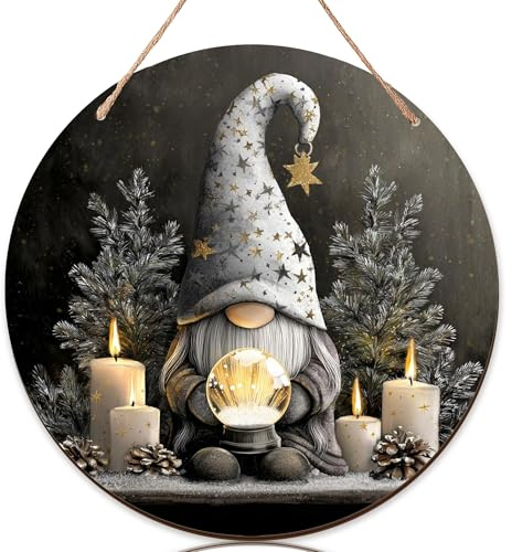 Wichtel-Willkommensschild für Haustür, fantasievolle Weihnachtssternkerze, Weihnachten, Gold, Holz, Türhänger, Willkommensschild, Frontdekoration, Outdoor-Dekorationen, 1 Stück