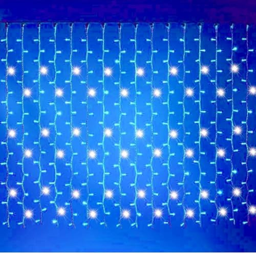 Generico Tenda luminosa natalizia a LED luci di Natale lineari con scintillii flash bianco freddo intermittenti ideale per balconi, pareti e tettoie e facciate (Luce Blu + Flash bianco, 12x0.8 mt)