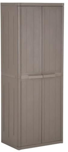 Holamys Armadio da giardino marrone 65 x 45 x 172 cm, effetto legno PP con 4 ripiani, versatile armadio da terrazza per cucina, dispensa ed esterni, durevole e facile da pulire