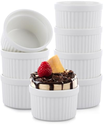 YOUNTHYE Ramekins Set of 8, 120ml/4oz Ramekins White Porcelain Souffle Dish, Oven Proof Large Ramekin Dishes for Souffle, Pudding, Cakes, Ice Cream and Sauce