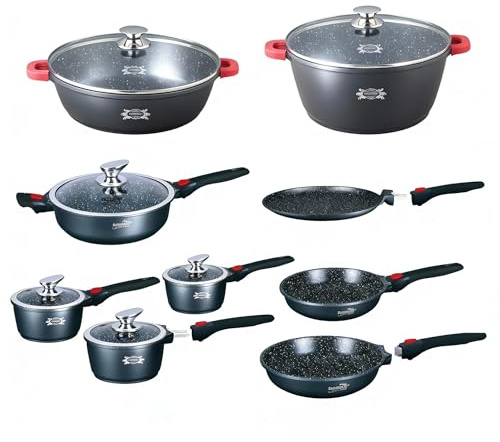HAUSSMANN Heritage Batterie de Cuisine 22 Pièces en Fonte d'Aluminium-Revêtement Antiadhésif Façon Pierre - Manches Amovibles (Gain de Place) - Tous Feux dont Induction - Sans PFOA