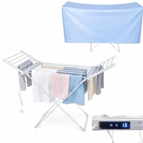 HOUSZY Electric Clothes Airer, 230W, Touch Screen, with Cover | 30-60C adjustable, 1-12h timer, LED display. Indoor heated laundry drying rack.