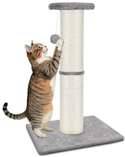 PAWSCRAT Cat Scratching Post 32 Tall, 5-Inch Diameter Natural Sisal Cat Scratch Post with Dangling Ball for Indoor Cats, Scratch-Resistant Durable and Protect Your Furniture, LightGrey
