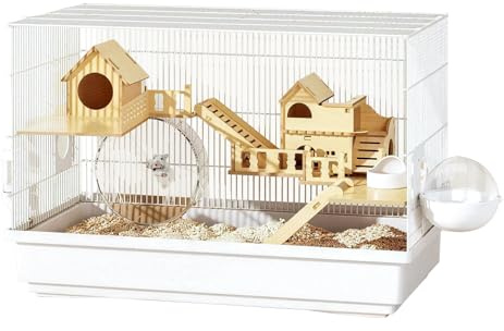 Hamsterkäfig 3 Etagen, kleintierkäfig, bissfest, ausgestattet mit Laufrad, Trinkflasche sowie einem 10-teiligen Zubehörset, 60 × 32 × 39 cm, weißer Hamsterkäfig aus Holz, einfach zu reinigen