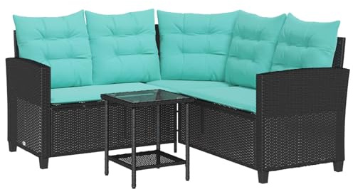 HETFTJN Divano da giardino a forma di L con cuscino, set lounge in rattan con tavolino da caffè, gruppo di sedute per terrazza e giardino, polyrattan e acciaio, 146 x 146 x 76 cm, nero/turchese