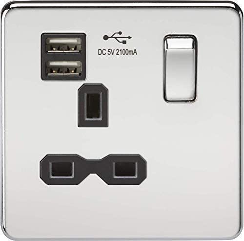 Knightsbridge SFR9901PC Prise de Courant sans vis 13 A 1G avec Double Chargeur USB Chrome Poli avec Insert Noir, argenté