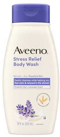 Aveeno Stress Relief Body Wash with Soothing Oat, Lavender, Chamomile & Ylang-Ylang Essential Oils, Hypoallergenic, Dye-Free & Soap-Free Calming Body Wash gentle on Sensitive Skin, 18 fl. oz