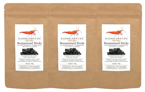GARNELEN4YOU 1234567890® Bastoncini di ortica, 3 x 50 g Pellet di mangime di alta qualità per l'alimentazione rilassata degli abitanti dell'acquario come gamberetti, granchi e lumache, 3 x 50 g