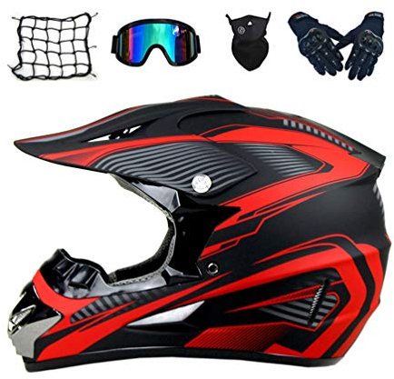 Fullface Helm Kinder, Motorrad Crosshelm mit Brille (5 Stück) Motocross Helm Schwarz und Rot Cross Helm Off Road Mopedhelm Motorradhelm DH Downhill MTB Mountainbike ATV Quad Enduro,L