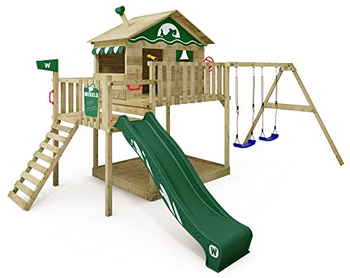 WICKEY Wooden climbing frame Smart Coast with swing set & green slide, Outdoor kids playhouse with sandpit, climbing ladder & play-accessories for the garden