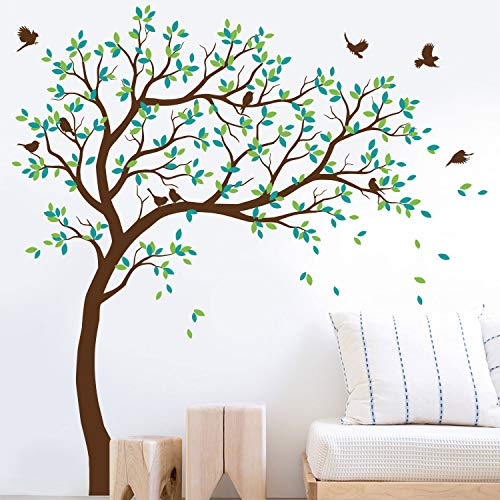 Large Tree Wall Decals Wall Tattoo Large Nursery Tree Decals Wall Mural Removable Vinyl Wall Sticker (Leaning Right, Brown, Lime-Tree Green, Turquoise)