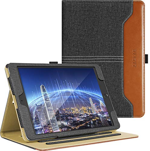 ZAEXAE Hülle für iPad 9,7 Zoll 6. Generation 2018, 5. Generation 2017, iPad Air 2 2014, iPad Air 1 2013, Pu Leder Schutzhülle Cover mit Stifthalter Ständer Auto Schlaf/Wachen, Denim Schwarz/Braun