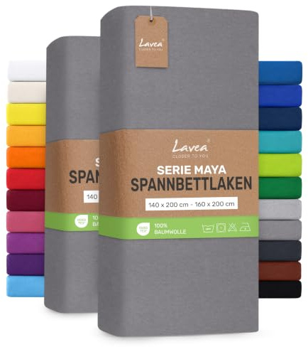Lavea® 2er Pack Jersey Spannbettlaken 140/160x200cm – Mittelgrau | 100% Baumwolle – Weiches Bettlaken für Matratzen bis 20 cm Höhe – Formstabil und Langlebig
