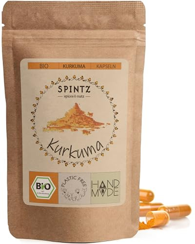 SPINTZ 210 Stk. Bio Kurkuma Kapseln - 620mg Kurkumapulver pro Kapsel - Pulver aus gemahlenem Curcurma, Gelbwurzel - hochdosiert - vegan und 100% natürlich | plastikfrei verpackt
