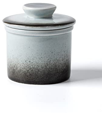 XELA Mantequilla de cerámica, mantequillera francesa para mostrador, contenedor de mantequilla con línea de agua para untar mantequilla fresca, gris degradado