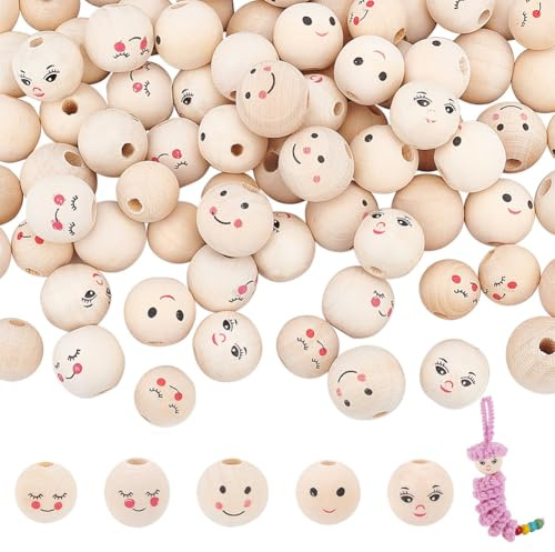 PandaHall 5 Stile Holzperlen mit Gesicht, 100 Stück Lächeln Gesicht Holzperlen 15~18mm Runde Perlen Smile Face Lose Perlen Holz Bastel Perlen Für Armband Häkeln Benutzen Schmuck Makramee