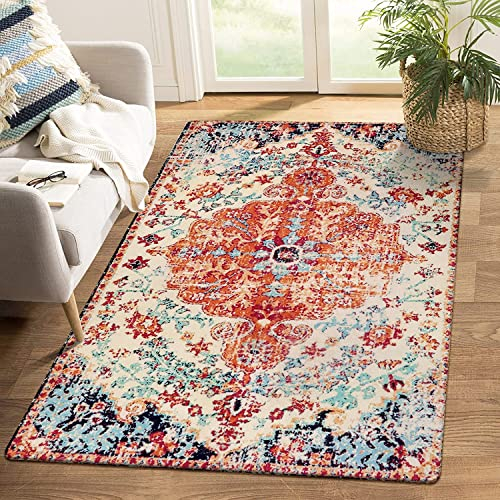 KIMODE Boho Blumen Medaillon Teppich Wohnzimmer, 120 x 180 cm Orientalischer Distressed Teppich Groß Weiche rutschfest Waschbarer Kurzflor Für Schlafzimmer Esszimmer