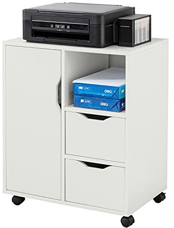 SoBuy Mueble Impresora Mesa para Impresora con Ruedas Cajonera Oficina con 2 Cajones, 1 Puerta y 1 Estante Abierto Mueble Archivador Armario Oficina Blanco 60x35x70cm FBT105-W