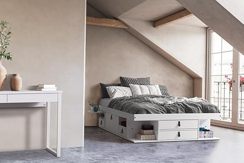 Memomad Bett mit Stauraum Bali 160x200 Weiß – Platzwunder für kleine Schlafzimmer mit Bettkasten & Lattenrost – Robustes, stilvolles Funktionsbett für maximalen Stauraum & Komfort – für Ordnungsfans