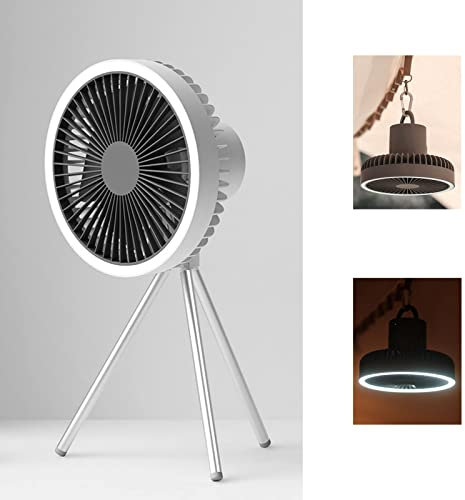 Ventilador de tienda de campaña con trípode, ventilador de escritorio con luz, 18 x 18 cm, 560 g, 10000 mAh, tiempo de trabajo 27 horas (blanco)