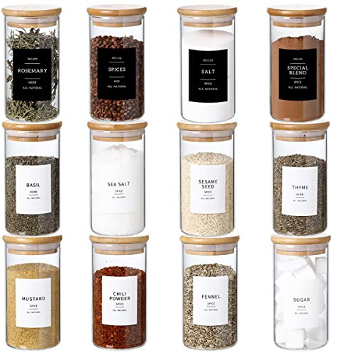 CZZGSM 12 Pcs Glass Spice Jars With 296 Spice Labels Preprinted of White and Black Color- 10oz Thicken(2.4mm) Spice Containers With Bamboo Airtight Lids - Empty Small Herb Seasoning Jars