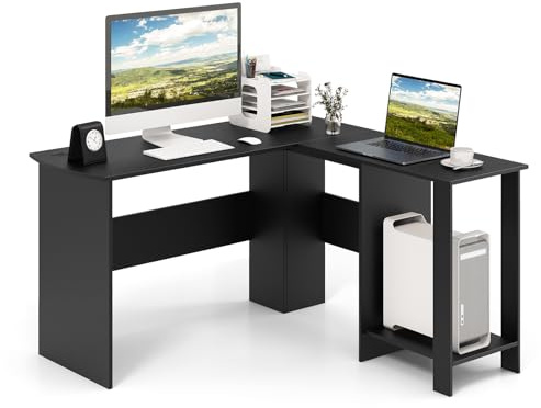 COSTWAY Scrivania Angolare per Computer con Ripiani, Scrivania Porta PC in Legno, Scrivania Salvaspazio e Moderna per Ufficio e Studio, 130 x 130 x 72,5 cm, Nero (Nero)
