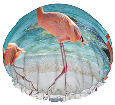 Pink Flamingo On Beach Print Duschhaube für Frauen Wiederverwendbare Doppelschicht Stoff Duschkappen Mädchen Haarkappen