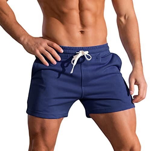Short de Course de 3 Pouces pour Hommes, Short d'entraînement Physique, de Musculation, Short de Sport en Coton Respirant Bleu Marine L