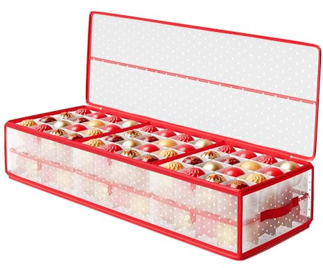 SONGMICS Aufbewahrungsbox für Weihnachtskugeln, Weihnachtskugeln Aufbewahrung, 96 Fächer je 7,6 cm, 96,5 x 33,5 x 17,5 cm, Trennwände, PP-Kunststoff, Reißverschluss Griffe, kirschrot RFB031T02