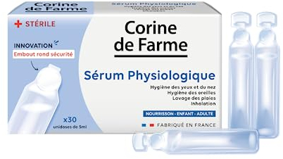 Corine de Farme - Sérum Physiologique x30 Unidoses Stériles de 5ml - Embout Rond Sécurisé - Hygiène Yeux, Nez, Oreilles, Lavage des Plaies et Inhalation - Bébé, Enfant et Adulte - Fabriqué en France
