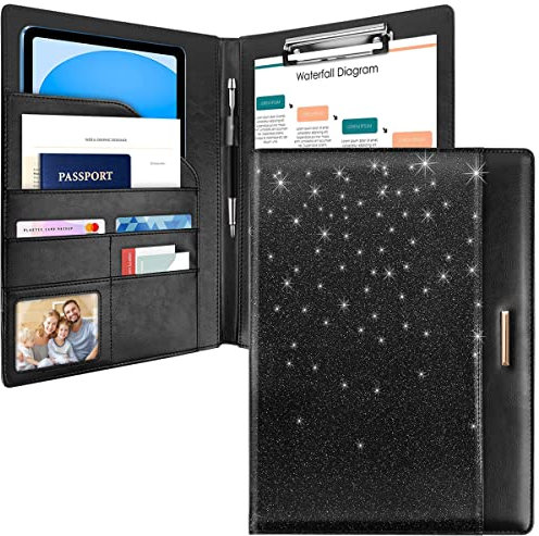 WAVEYU Glitzer-Padfolio/Lebenslauf-Portfolio-Ordner für Damen und Herren, niedlich, schick, Padfolio-Einband, Konferenz-/Rechtsdokumenten-Organizer mit Brief/A4-Größe, Dokumentenhülle, Schwarz