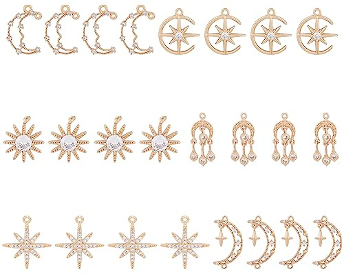 DICOSMETIC 24 Stück 6 Stile Edelstein Stern Mond Charmes Zirkonia Sonnen Charmes Halbmond Anhänger Zirkonia Anhänger Gold Charmes Messing Anhänger Für Die Schmuckherstellung
