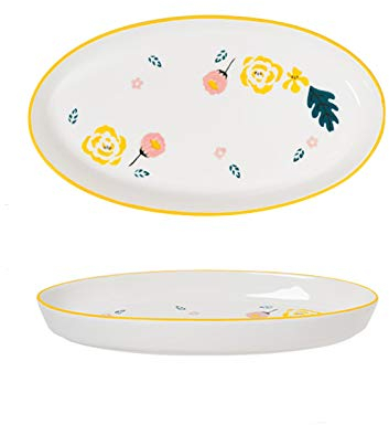 NZPOST Speiseteller, Keramik-Essteller mit Blumenmotiven, großer ovaler Fischteller, personalisierter Dessert-Snack-Teller, mikrowellen- und ofenfest (A, 2 Stück)