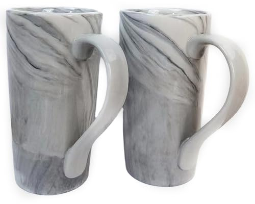 NBABSR 20 OZ Large Coffee Mugs, Grey Marble Ceramic Tall Beer Cups with Handle Set of 2 600 ml Oversized Porcelain Bulk Big Tea Cup for Men Women Gifts Mom and Dad