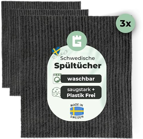 Grünschloss Spüllappen grau (3X) Spültücher waschbar dunkelgrau Putzlappen Baumwolle & Holz-Zellstoff (Made in Sweden) Schwammtücher Küche saugstark - Abwaschlappen Küche, modern & hygienisch