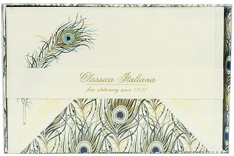 Generisch Rossi - 10er Design Briefkarten Set inkl. Briefbox „Pfauenfeder“ aus Italien 10 Bögen aus Schreibpapier & DIN B6 Brief-Kuvert - Schöne edle Brief Umschläge & Briefpapier (mit Goldprägung)