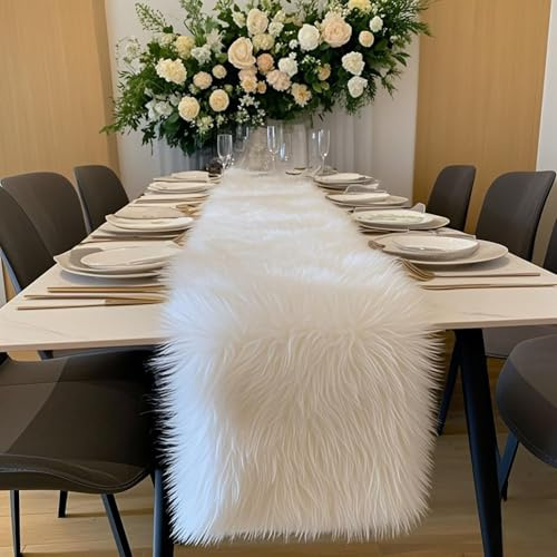 Kunstfell Tischläufer Fell Tischläufer Weihnachten Weiß Modern Deko Oster Perfekt für Weihnachten Hochzeit Home Esstisch Schminktisch Couchtisch (30cm x 90cm)