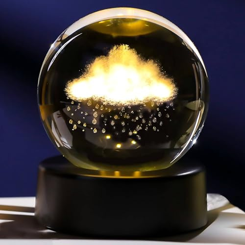 Ornalrist 6cm Crystal Ball Engraved 3D Cute Cloud & Rains Figurine Paperweight with LED Light Base, Home Office Ornament Gifts for Women Friends for Birthday Christmas