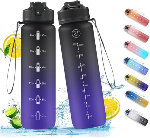 NAVTUE Water Bottle, 1L Sports Water Bottle with Straw, Time Markings, Tritan BPA free, Leakproof Drinks Bottle for School, Cycling, Running (1 Bottle DarkDeepBlue)