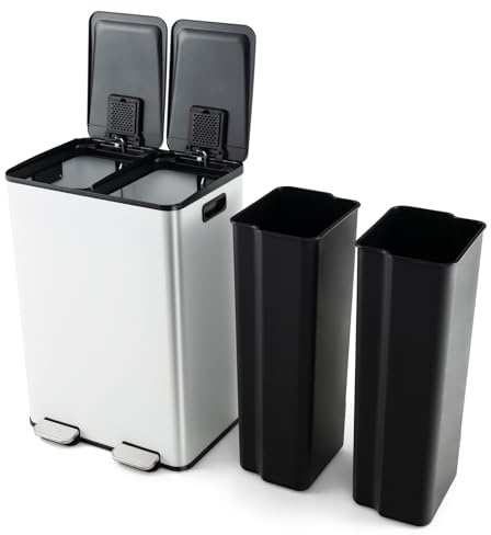 LIFEZEAL 60 L Mülleimer, Abfalleimer für Mülltrennung mit 2 Fächern, Müllsammler mit Deodorant, Deckel, Pedal, Griff, Standmülleimer in der Küche, schwarz (Weiß)
