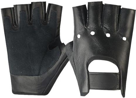 Long Keeper Genuine Leather Fingerless Driving Riding Gloves Outdoor Anti-Slip Sport Unlined Half Finger Glove for Men (Black)