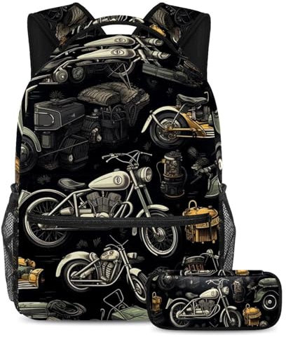 Schulranzen-Set im Vintage-Motorrad-Modell, großes Fassungsvermögen, Rucksack mit Federmäppchen, perfekt für Studenten, Jugendliche und Reisen, 2-teilig, Vintage-Motorradmodell, Größe L
